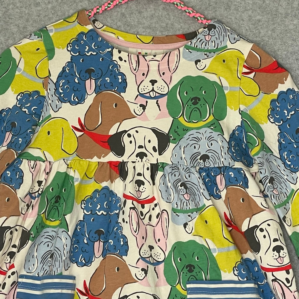 Mini Boden Girls 9-10Y Dog Print Tunic Top Long Sleeve Striped Pockets #03 - Picture 3 of 10